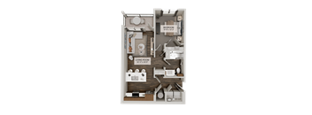 A diagram of a two-bedroom apartment with a living room, kitchen, and bathroom.
