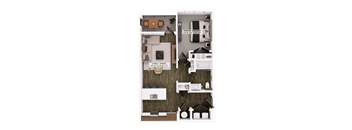 A floor plan of a small apartment with a living room, kitchen, and bathroom.