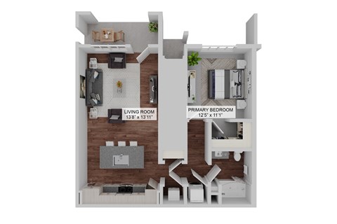 A floor plan of a two bedroom apartment with a living room, kitchen and bathroom.  at The Junction at Rockledge Apartments, Florida