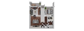 A floor plan of a two bedroom apartment with a living room, kitchen and bathroom.at Rockledge Apartments, Florida