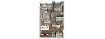 A 3D floor plan of a living room and bedroom.