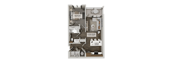 A 3D floor plan of a small apartment with a living room, bedroom, and kitchen.