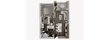 A top-down view of a small apartment with a kitchen, living room, and bathroom.