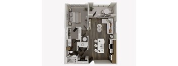 A top-down view of a small apartment with a kitchen, living room, and bathroom.