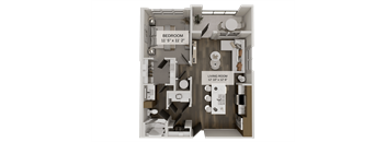 A 3D rendered image of a small apartment layout with a bedroom and living room.