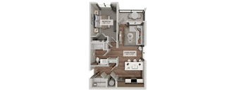 A detailed 3D floor plan of a bedroom and living room apartment.