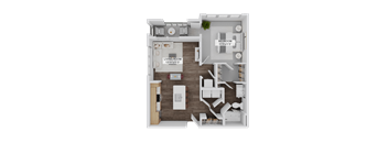 A 3D rendered image of a house layout with a living room, kitchen, and bedroom.