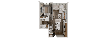 A floor plan of a small apartment with a bedroom and a living room.