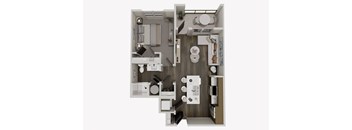 A top-down view of a small, well-organized kitchen and bathroom area.
