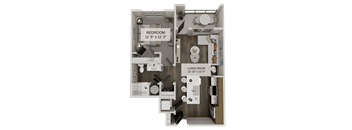 A floor plan of a small apartment with a bedroom and living room.