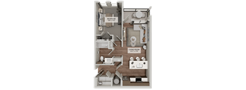 A 3D floor plan of a house showing a bedroom and a living room.