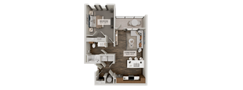 A 3D floor plan of a bedroom and living room.