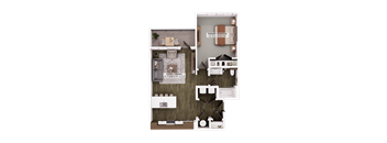 A floor plan of a residential property with a living room, dining room, kitchen, and two bedrooms.