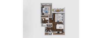One bedroom 3D floor plan with living and dining areas at The Maverick Luxury Apartments, Monument, CO