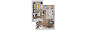 a stylized floor plan of a home with a bedroom and living room