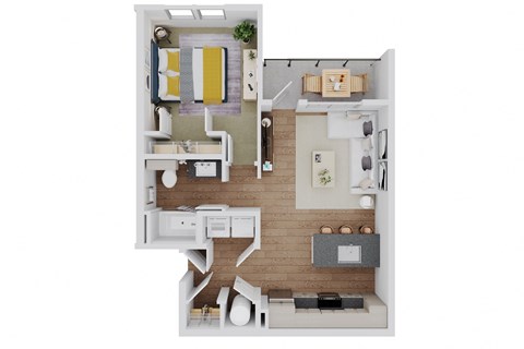 a stylized floor plan of a home with a bedroom and living room
