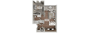 A 3D floor plan of a small apartment with a bedroom and living room.