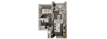 A floor plan of a small apartment with a bedroom and living room.