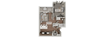 A 3D floor plan of a small apartment with a living room, bedroom, and bathroom.