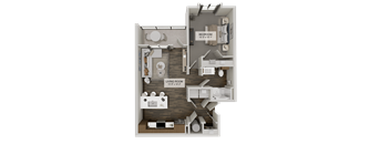 A 3D floor plan of a small apartment with a living room, kitchen, and bedroom.