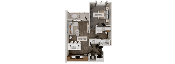 A diagram of a small apartment with a bedroom and living room.