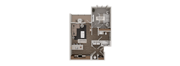 A 3D floor plan of a small apartment with a living room, kitchen, and bedroom.