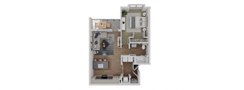 a stylized floor plan of a 1 bedroom apartment