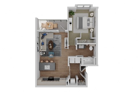 a stylized floor plan of a 1 bedroom apartment