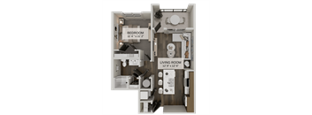 A floor plan of a small apartment with a bedroom and living room.