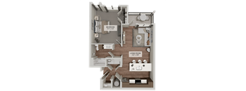 A 3D floor plan of a small apartment with a bedroom and living room.