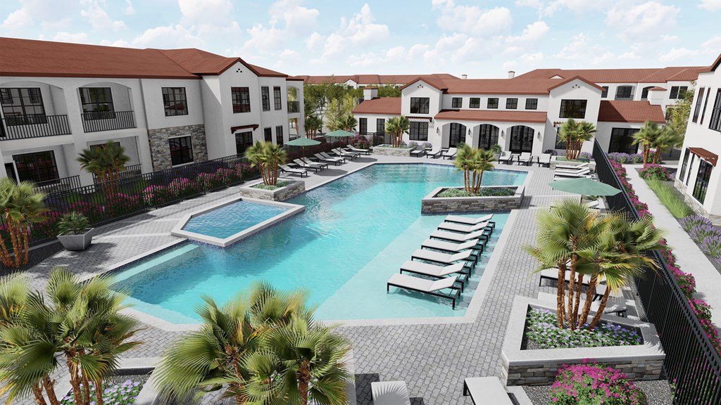 a large swimming pool with lounge chairs in front of a building at Stella, San Tan Valley