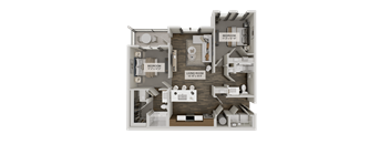 A 3D rendered image of a house layout with a living room, dining room, kitchen, and two bedrooms.