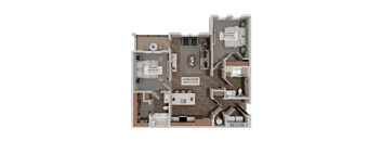 A 3D rendered image of a house layout with a living room, kitchen, and two bedrooms.