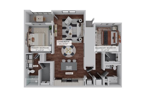 A diagram of a house layout with a living room, kitchen, and two bedrooms.  at The Junction at Rockledge Apartments, Florida