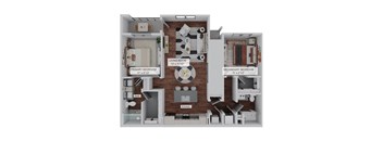 A diagram of a house layout with a living room, kitchen, and two bedrooms.at Rockledge Apartments, Florida