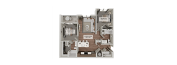A 3D floor plan of a house showing a living room, two bedrooms, and a bathroom.