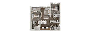 A 3D rendered image of a small apartment layout with a living room, kitchen, and bedroom.