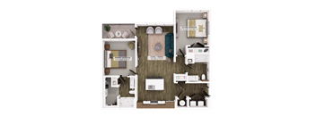 A floor plan of a two-bedroom apartment with a living room, kitchen, and bathroom.