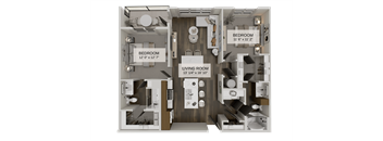 A detailed 3D floor plan of a two-bedroom apartment.