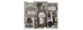 A diagram of a house layout with three bedrooms and a living room.