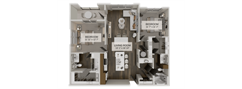 A 3D floor plan of a small apartment with a living room, two bedrooms, and a kitchen.