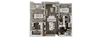 A 3D floor plan of a house showing two bedrooms and a living room.