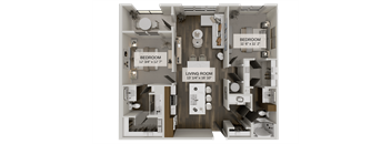 A floor plan of a living space with two bedrooms and a living room.