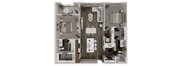 A detailed 3D floor plan of a modern apartment layout.