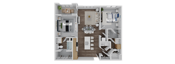 A 3D floor plan of a living space with two bedrooms, a living room, and a kitchen.