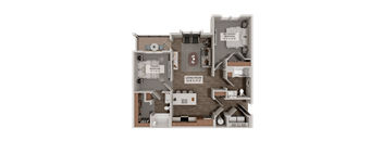 A 3D rendered image of a house layout with a living room, bedrooms, and a balcony.