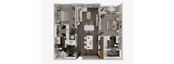 A 3D floor plan of a small apartment with a kitchen, living room, and bathroom.