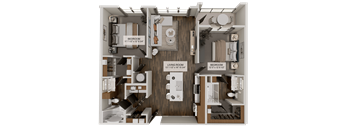 A detailed 3D floor plan of a two-bedroom apartment.