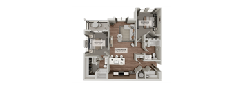 A 3D floor plan of a house showing a living room, two bedrooms, and a kitchen.
