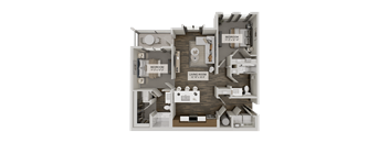A 3D rendered image of a house layout with two bedrooms, a living room, and a kitchen.